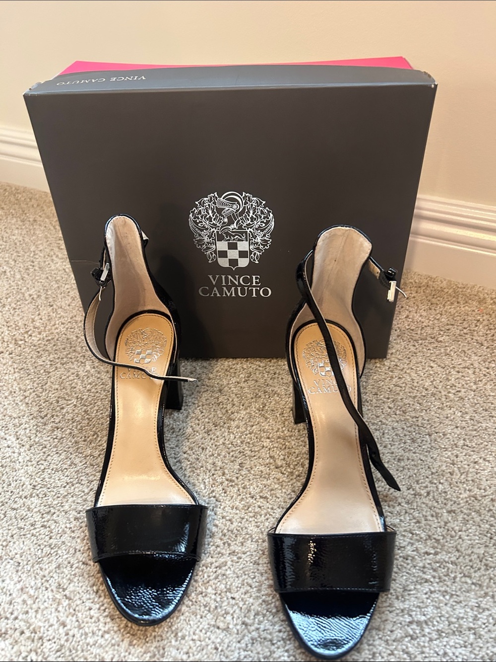 Vince Camuto Black Patent Leather Open-Toe Ankle Strap Heels. Worn once size 8